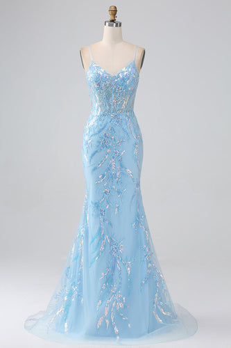 Sparkly Light Blue Mermaid Spaghetti Straps Long Prom Dress With Beading