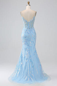 Sparkly Light Blue Mermaid Spaghetti Straps Long Prom Dress With Beading