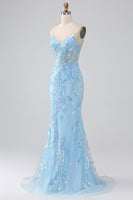 Load image into Gallery viewer, Sparkly Light Blue Mermaid Spaghetti Straps Long Prom Dress With Beading