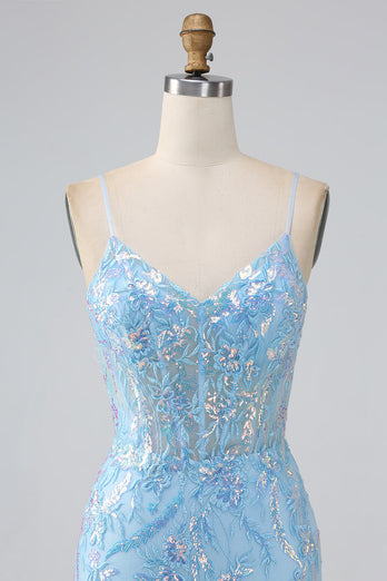 Sparkly Light Blue Mermaid Spaghetti Straps Long Prom Dress With Beading