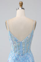 Load image into Gallery viewer, Sparkly Light Blue Mermaid Spaghetti Straps Long Prom Dress With Beading