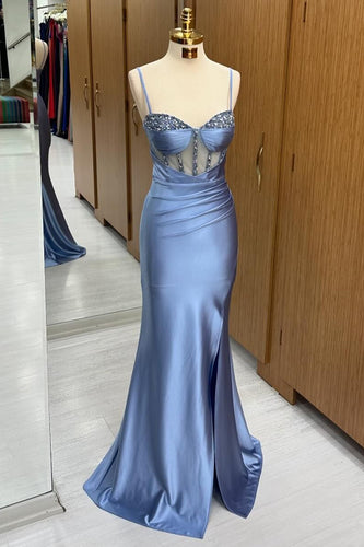 Spaghetti Straps Sparkly Corset Mermaid Prom Dress with Slit