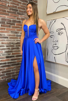 Royal Blue Satin Corset A Line Prom Dress with Slit