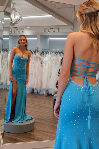 Beading Blue Strapless Mermaid Prom Dress with Slit