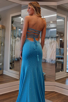 Beading Blue Strapless Mermaid Prom Dress with Slit