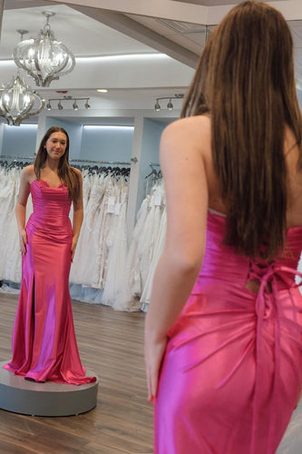 Hot Pink Strapless Mermaid Prom Dress with Pleated