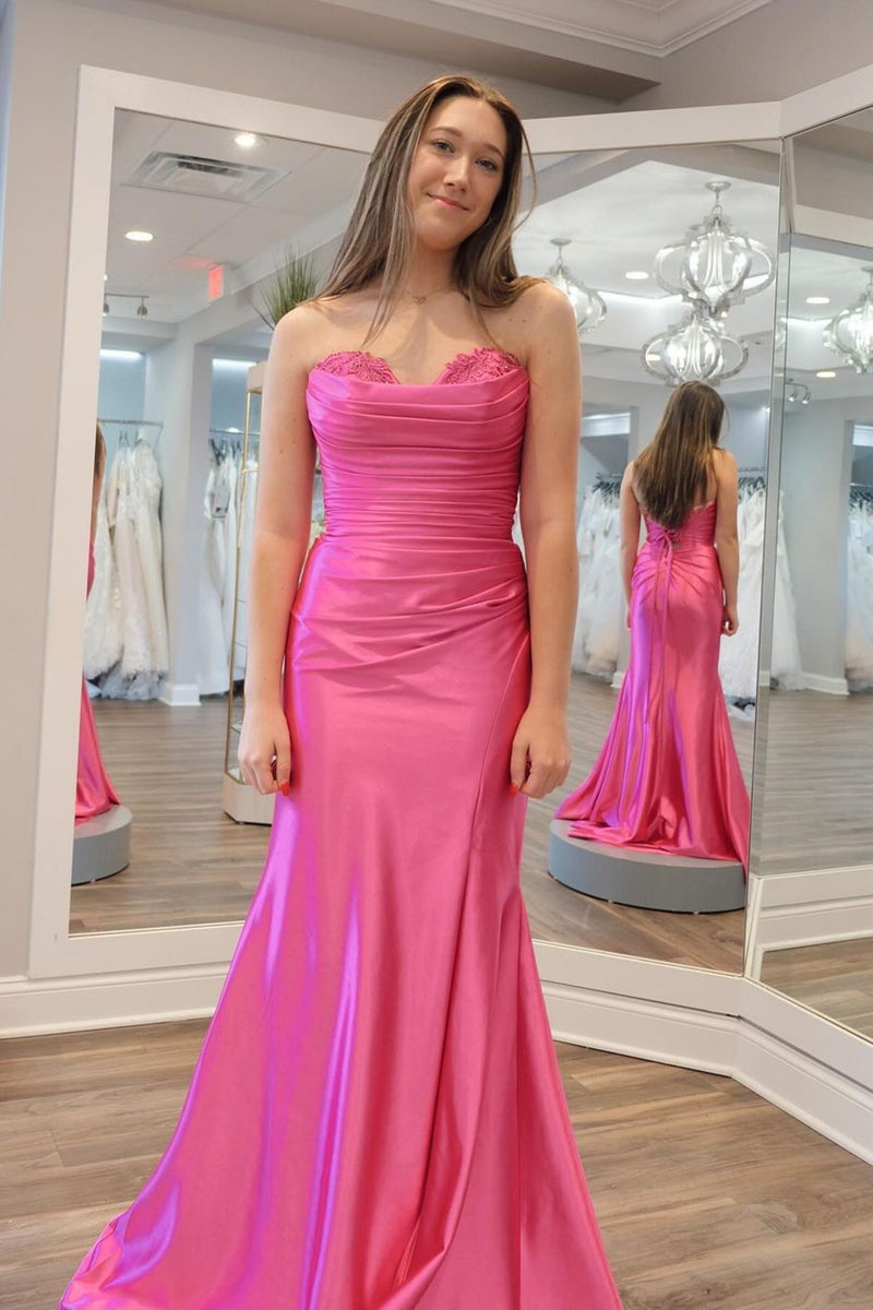 Load image into Gallery viewer, Hot Pink Strapless Mermaid Prom Dress with Pleated