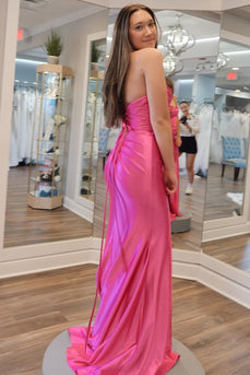 Hot Pink Strapless Mermaid Prom Dress with Pleated