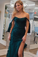 Load image into Gallery viewer, Dark Green Appliques Off the Shoulder Prom Dress with Slit