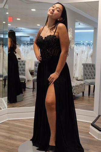 Spaghetti Straps Black Corset Prom Dress with Slit