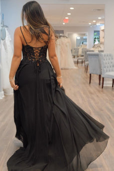 Spaghetti Straps Black Corset Prom Dress with Slit