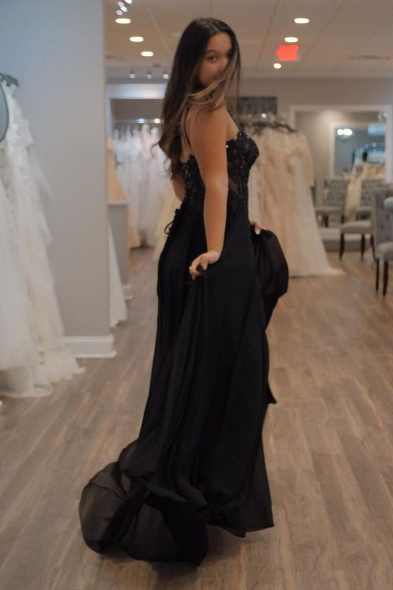 Load image into Gallery viewer, Spaghetti Straps Black Corset Prom Dress with Slit
