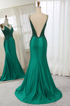 Mermaid Dark Green Spaghetti Straps Satin Beaded Prom Dress
