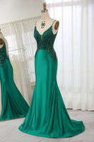 Load image into Gallery viewer, Mermaid Dark Green Spaghetti Straps Satin Beaded Prom Dress