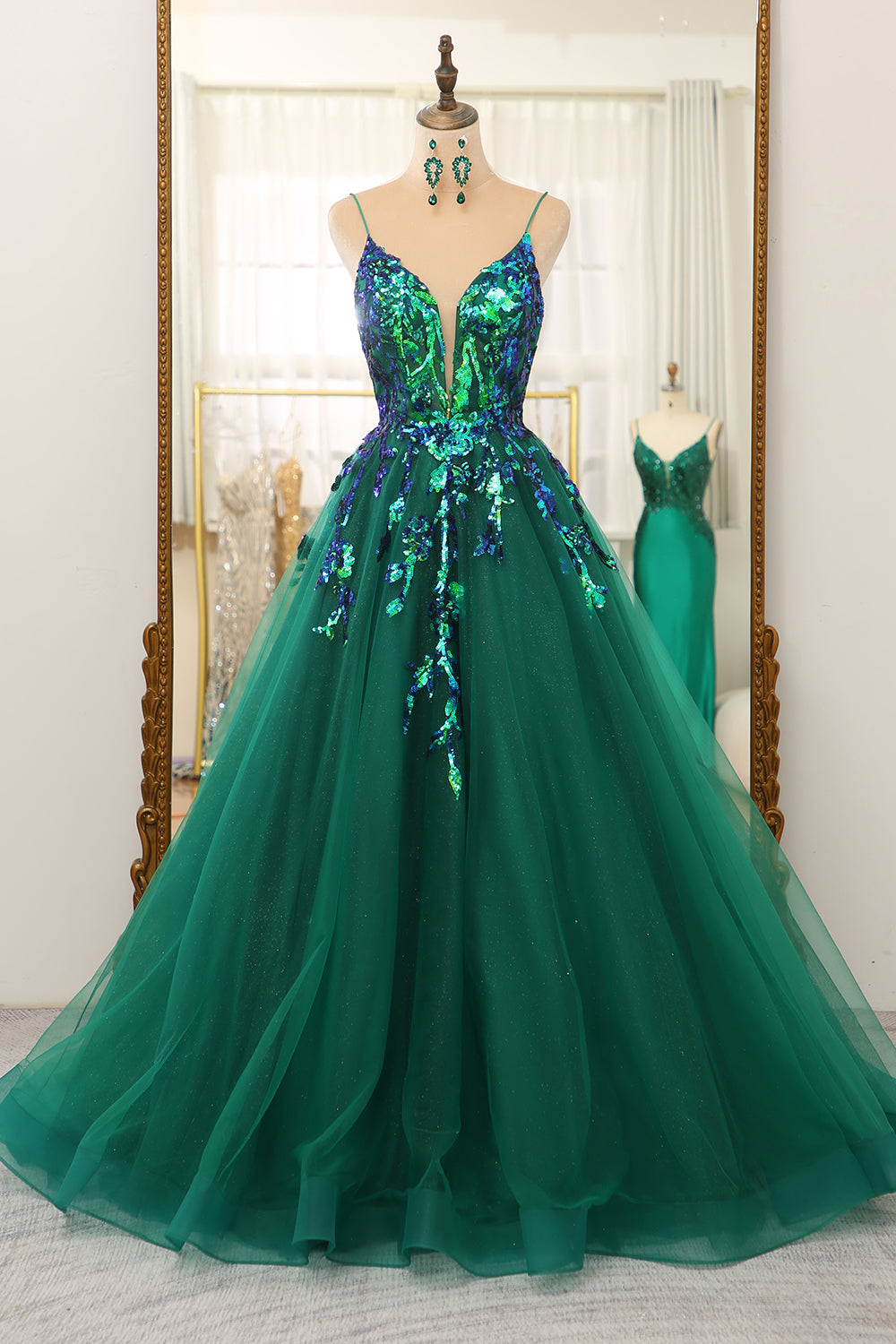 A Line Dark Green Spaghetti Straps Prom Dress with Sequins