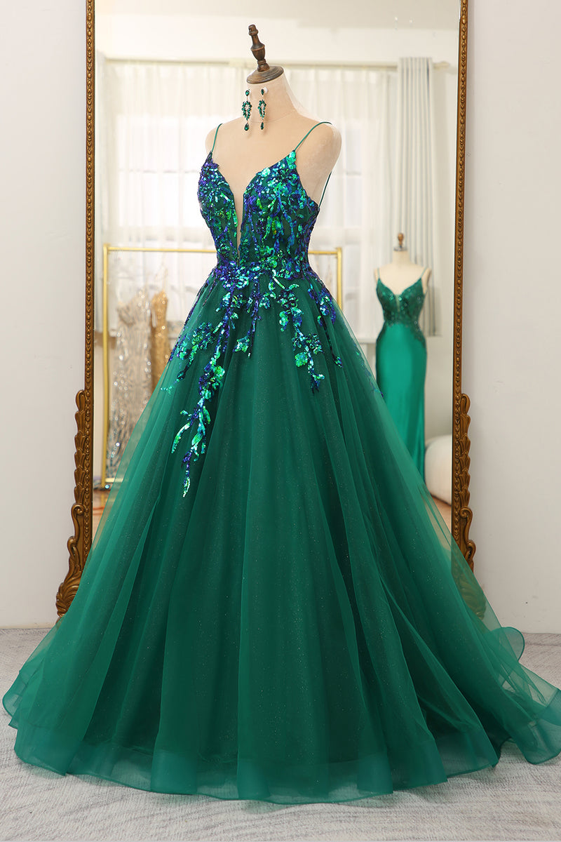 Load image into Gallery viewer, A Line Dark Green Spaghetti Straps Prom Dress with Sequins