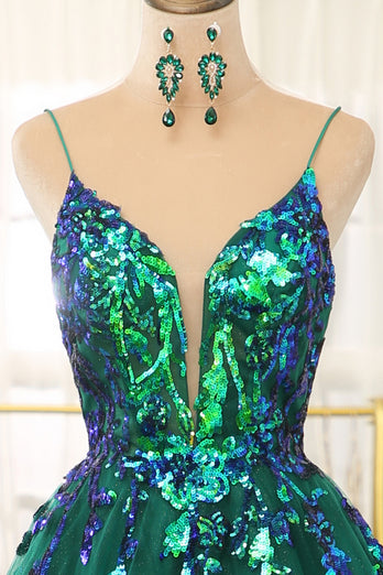 A Line Dark Green Spaghetti Straps Prom Dress with Sequins