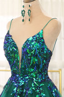 Load image into Gallery viewer, A Line Dark Green Spaghetti Straps Prom Dress with Sequins