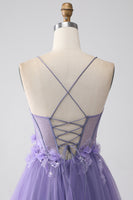 Load image into Gallery viewer, Purple A-Line Spaghetti Straps Corset Prom Dress with 3D Flowers