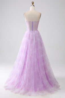 Lavender Printed Strapless Corset Prom Dress with Beading