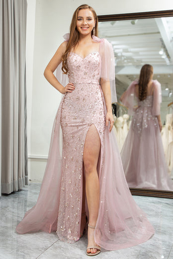 Light Pink Mermaid Spaghetti Straps Beaded Long Prom Dress with Slit