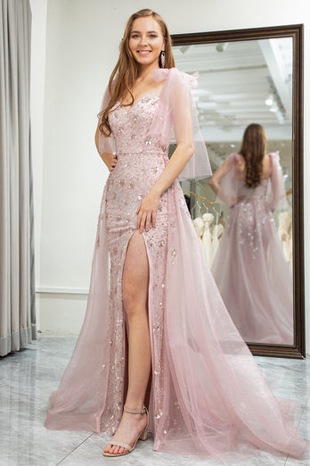 Light Pink Mermaid Spaghetti Straps Beaded Long Prom Dress with Slit