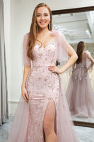 Load image into Gallery viewer, Light Pink Mermaid Spaghetti Straps Beaded Long Prom Dress with Slit