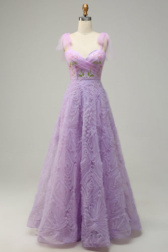 Purple A Line Tulle Princess Prom Dress With Embroidery