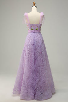 Purple A Line Tulle Princess Prom Dress With Embroidery