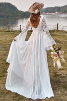 Load image into Gallery viewer, Ivory Lace Chiffon Trumpet Sleeve Boho Wedding Dress