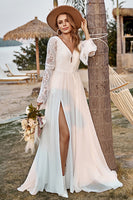 Load image into Gallery viewer, Ivory Lace Chiffon Trumpet Sleeve Boho Wedding Dress