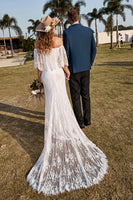 Load image into Gallery viewer, Ivory Mermaid Off The Shoulder Lace Boho Wedding Dress With Sweep Train