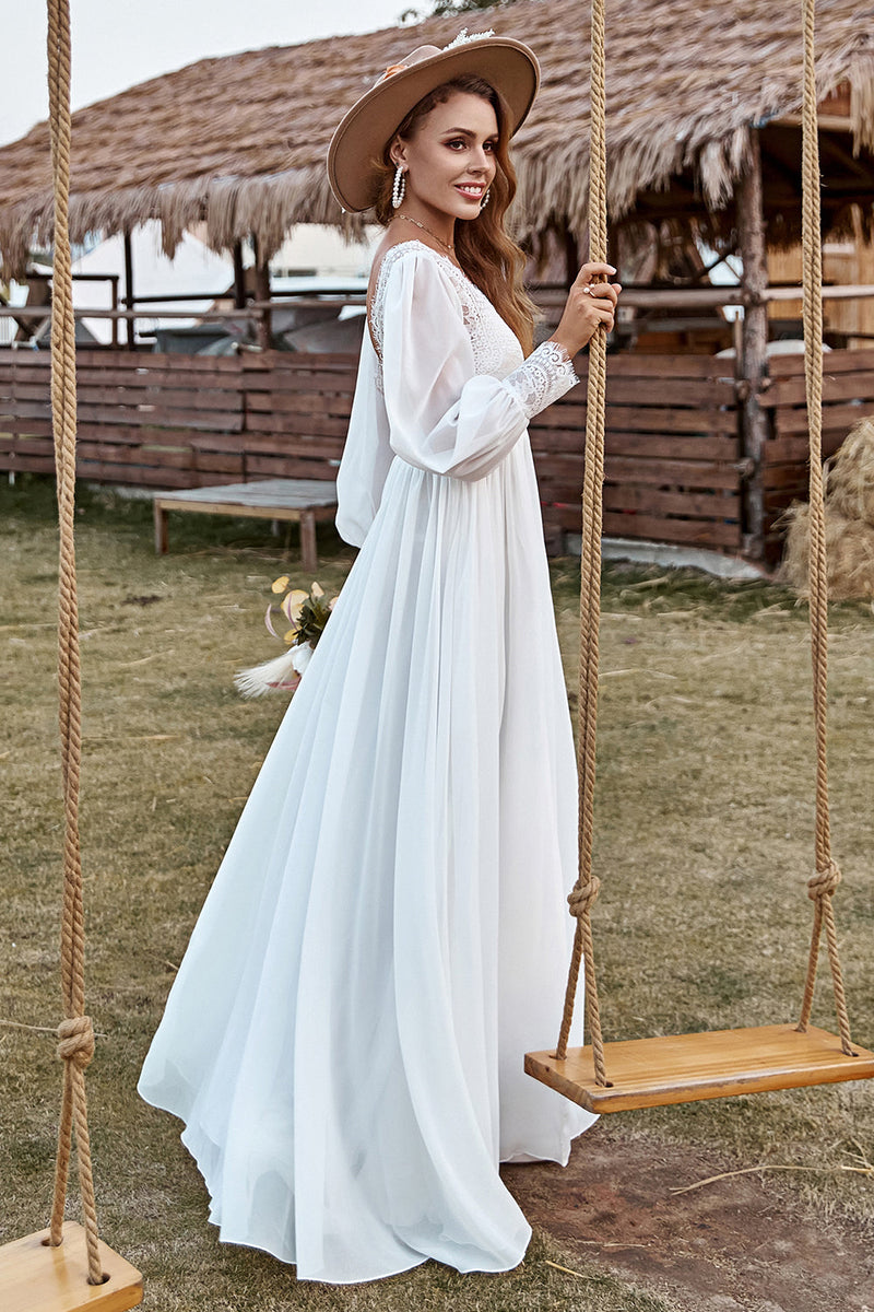 Load image into Gallery viewer, Ivory Lace Chiffon V-Neck Long Sleeve Boho Wedding Dress