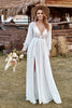 Load image into Gallery viewer, Ivory Lace Chiffon V-Neck Long Sleeve Boho Wedding Dress