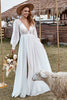 Load image into Gallery viewer, Ivory Lace Chiffon V-Neck Long Sleeve Boho Wedding Dress