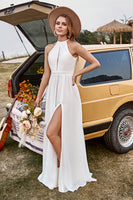 Load image into Gallery viewer, Ivory Lace Chiffon Halter Boho Wedding Dress With Slit