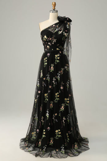 Grey Blue A-Line One Shoulder Prom Dress With Embroidery