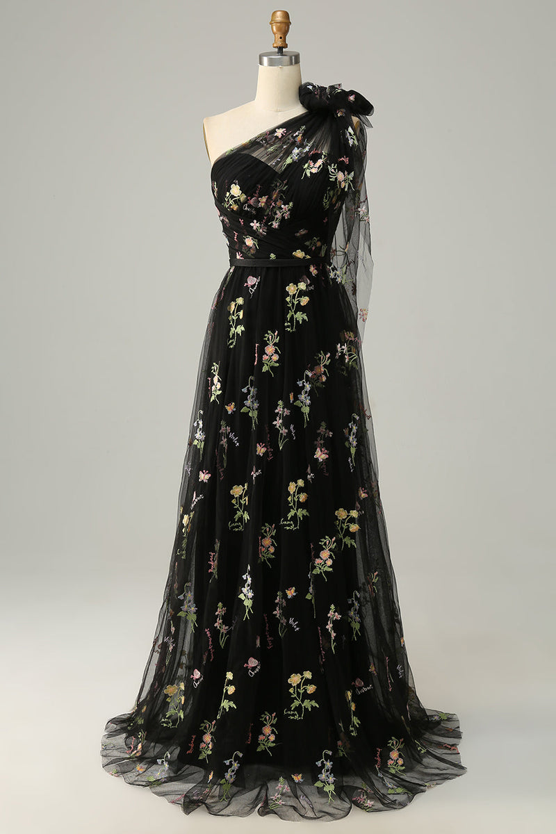 Load image into Gallery viewer, Grey Blue A-Line One Shoulder Prom Dress With Embroidery