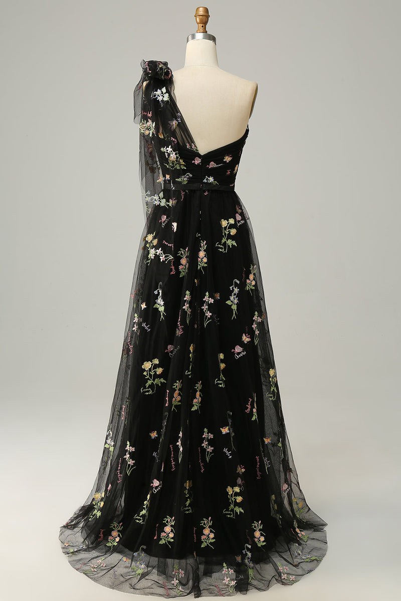 Load image into Gallery viewer, Grey Blue A-Line One Shoulder Prom Dress With Embroidery