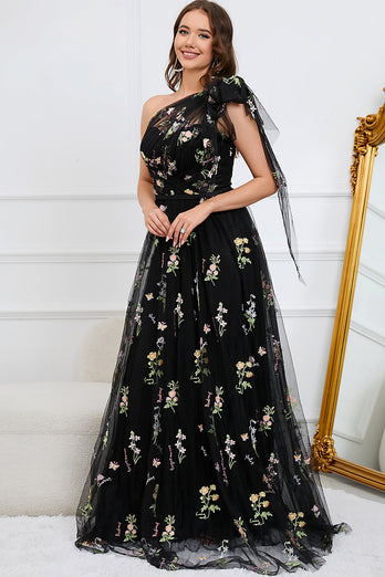 Grey Blue A-Line One Shoulder Prom Dress With Embroidery
