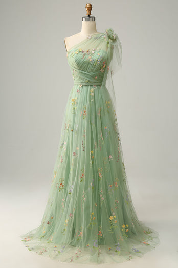 Grey Blue A-Line One Shoulder Prom Dress With Embroidery