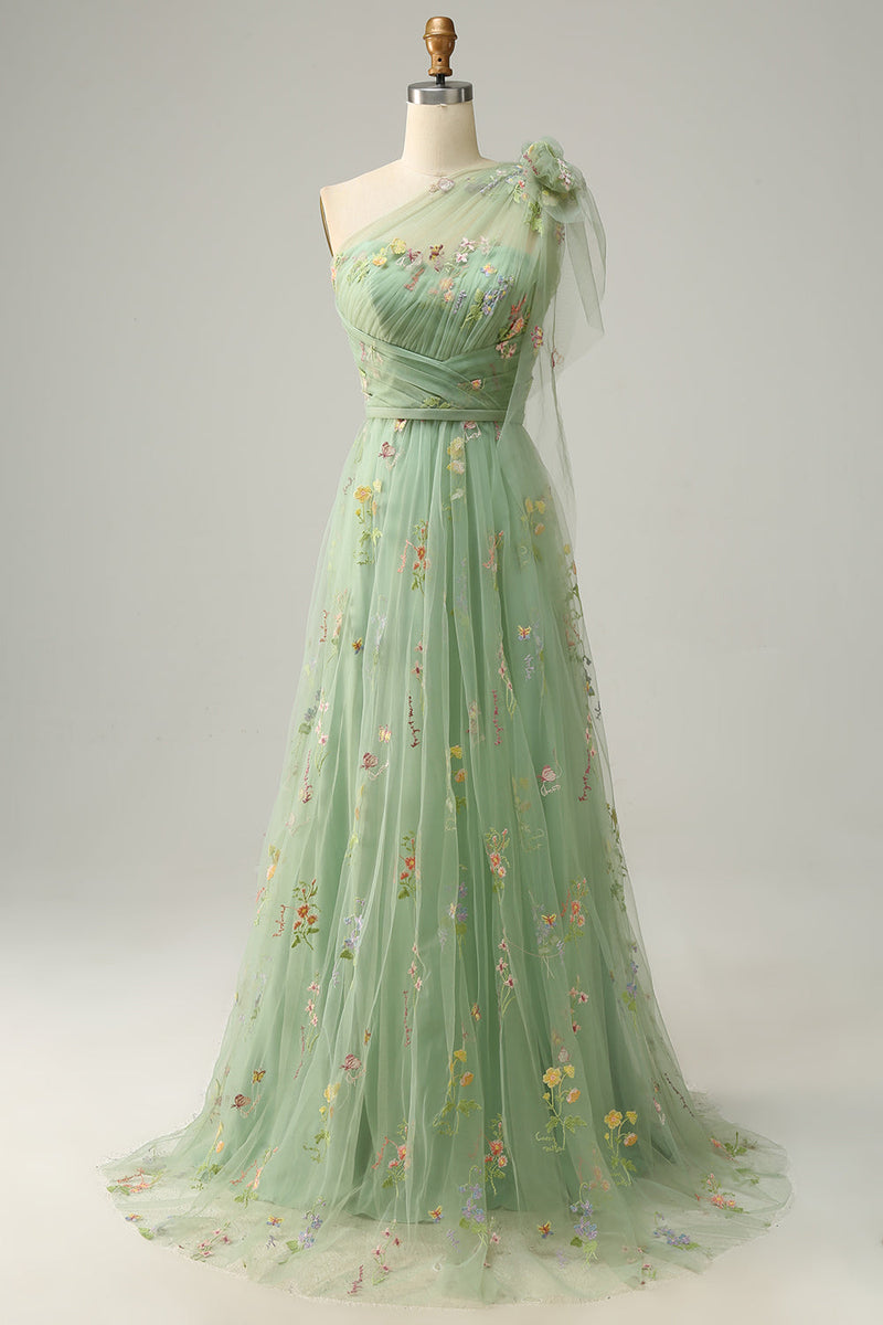 Load image into Gallery viewer, Grey Blue A-Line One Shoulder Prom Dress With Embroidery