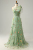 Load image into Gallery viewer, Green A-Line One Shoulder Prom Dress With Embroidery