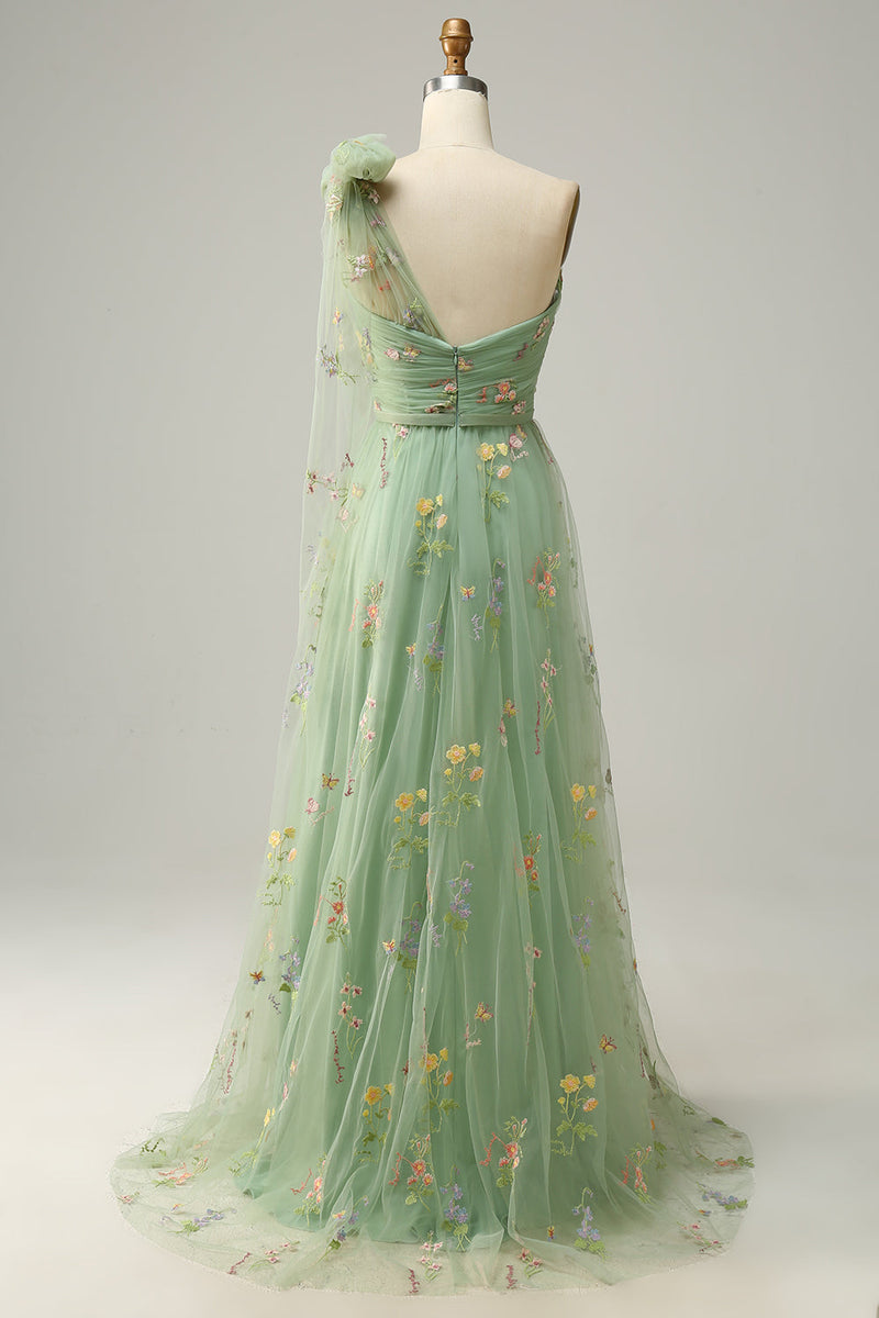Load image into Gallery viewer, Green A-Line One Shoulder Prom Dress With Embroidery