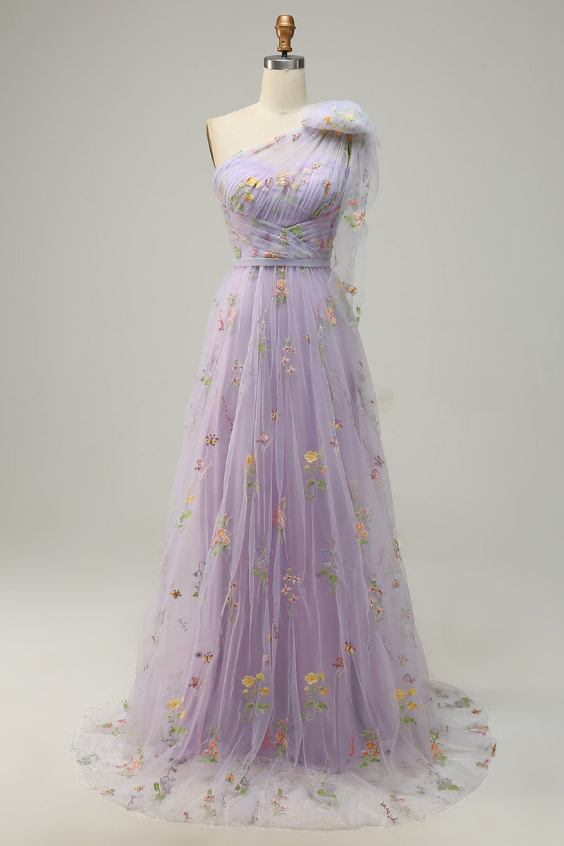 Load image into Gallery viewer, Grey Blue A-Line One Shoulder Prom Dress With Embroidery