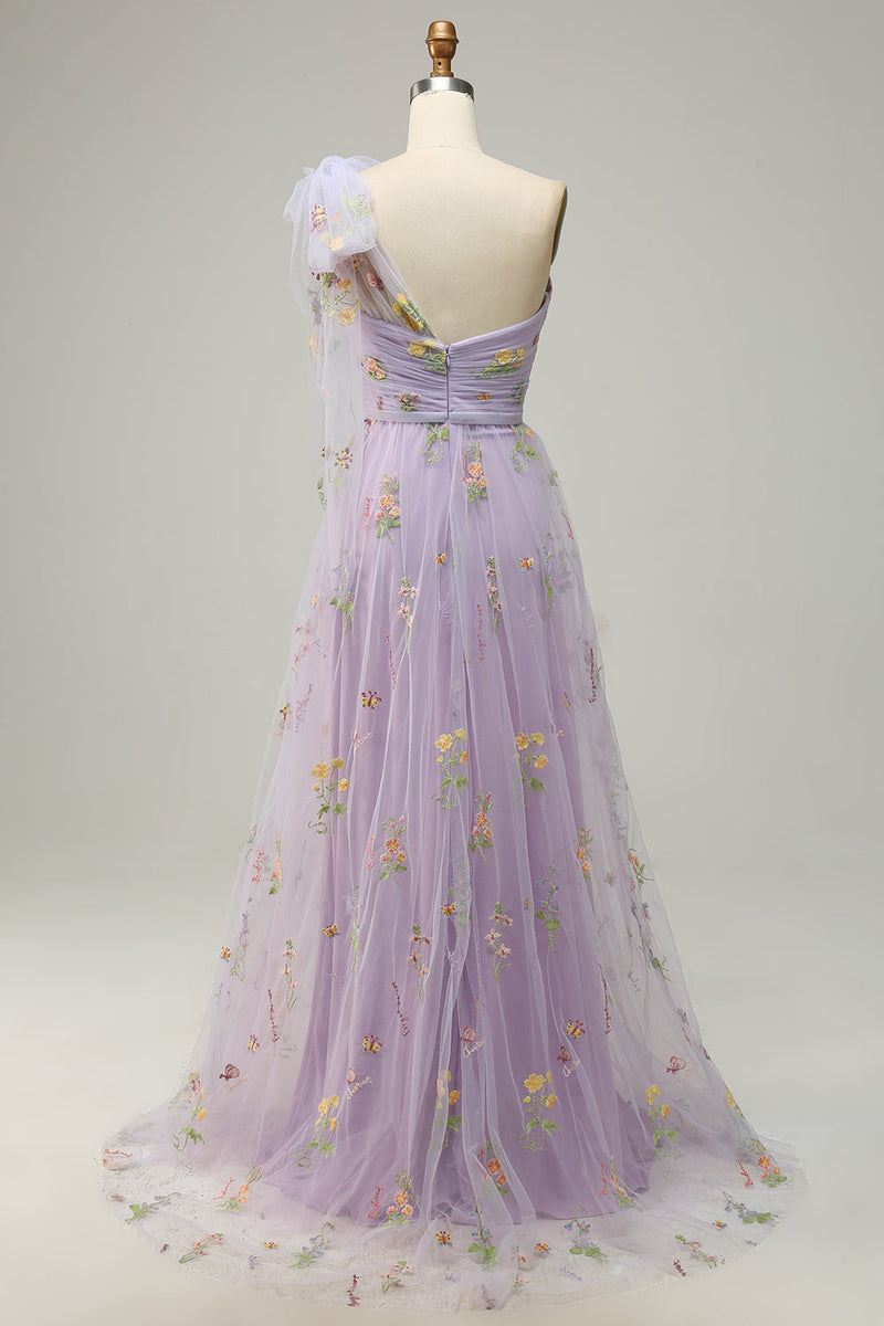 Load image into Gallery viewer, Grey Blue A-Line One Shoulder Prom Dress With Embroidery