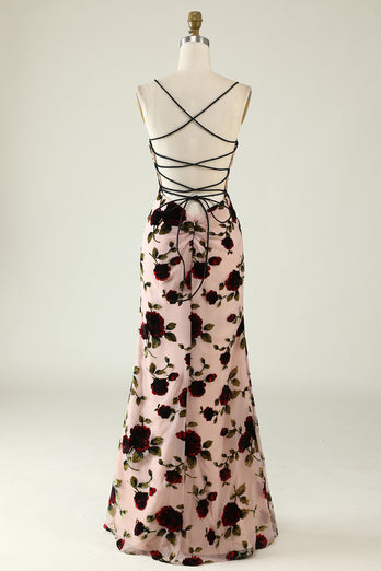 Floral Spaghetti Straps Prom Dress with Lace-up Back