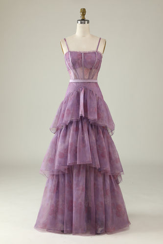 Purple Floral Print Spaghetti Straps Tulle Corset Prom Dress