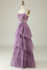 Load image into Gallery viewer, Purple Floral Print Spaghetti Straps Tulle Corset Prom Dress