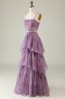 Load image into Gallery viewer, Purple Floral Print Spaghetti Straps Tulle Corset Prom Dress
